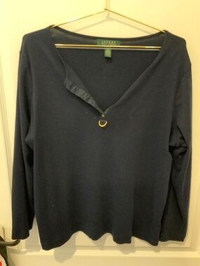 Navy 1X Lauren Ralp Lauren Cotton Long Sleeeve Top